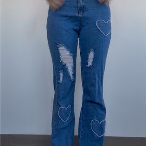 Chic Blue Heart Patch Flare Jeans